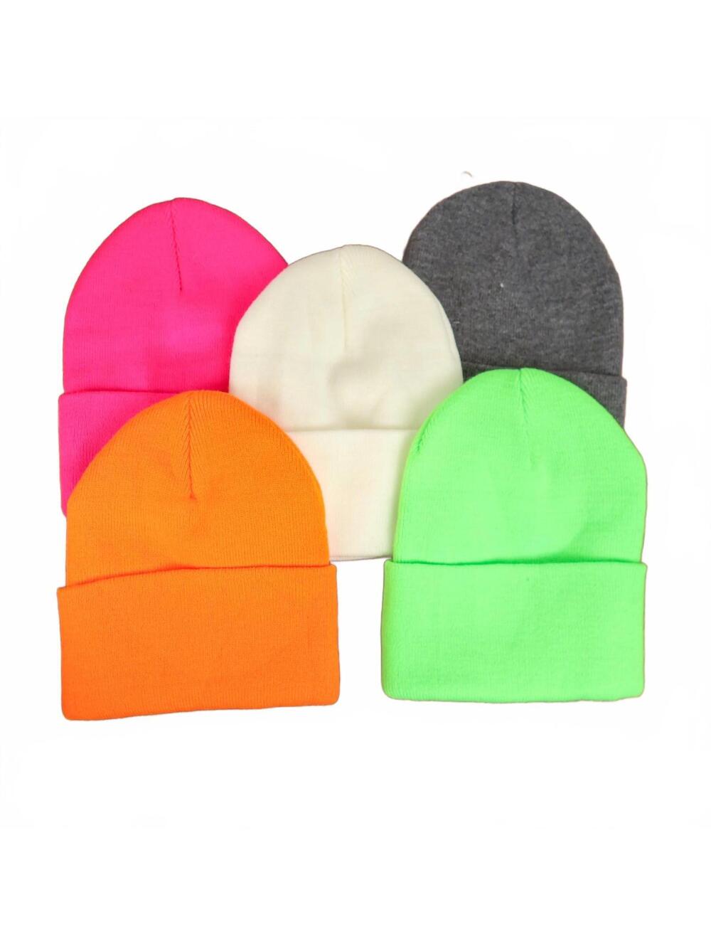 Port & Company Knit Beanie Lot of 5 Neon 3" Fold Winter Hats 100% Acrylic CP90